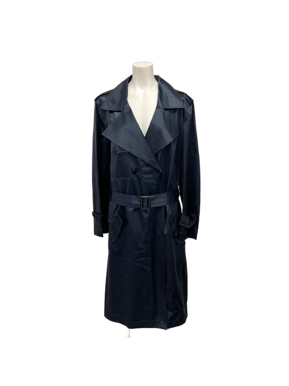Chanel Trench Coat M Dark Navy Long Sleeve Silk Mixed Spring Cotton 40